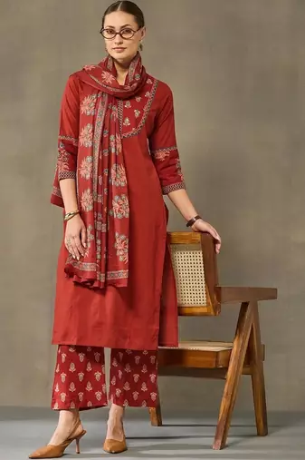 women ethnic motifs printed regular cotton kurta with trousers & with dupatta