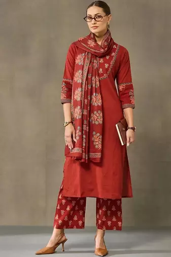women ethnic motifs printed regular cotton kurta with trousers & with dupatta