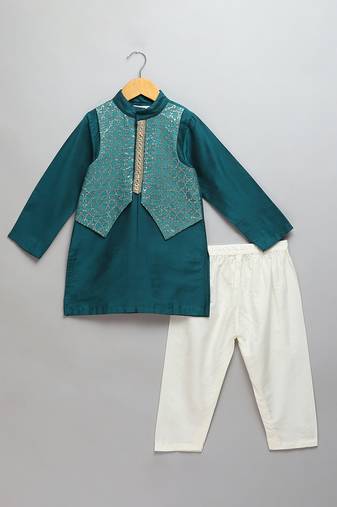 teal blue cotton silk woven kurta set