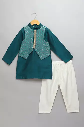 teal blue cotton silk woven kurta set