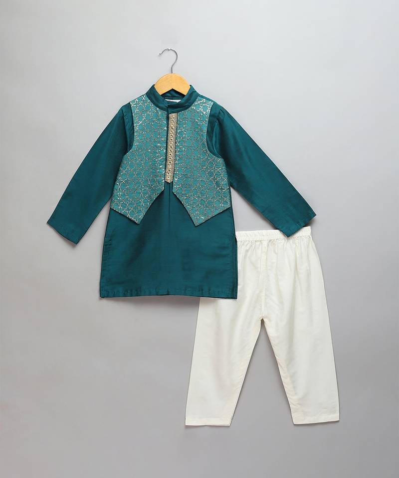teal blue cotton silk woven kurta set