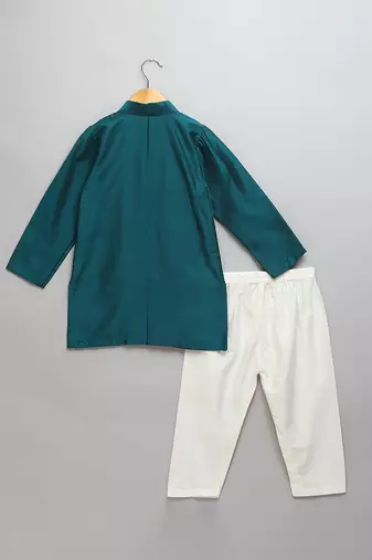 teal blue cotton silk woven kurta set