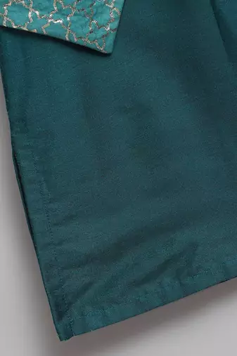 teal blue cotton silk woven kurta set