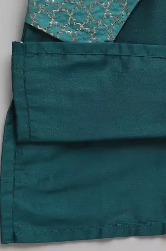 teal blue cotton silk woven kurta set
