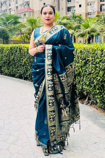 blue woven design zari banarasi saree