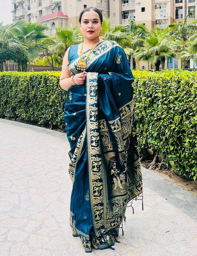 blue woven design zari banarasi saree