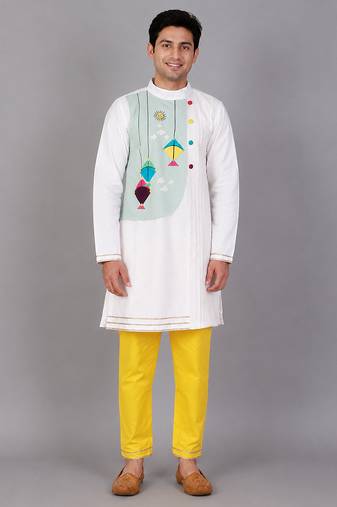 White kite printed cotton silk Men Kurta Set