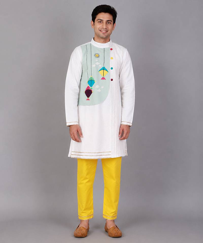 White kite printed cotton silk Men Kurta Set