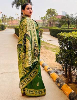 green ethnic motif zari woven banarasi saree 3