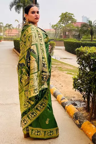 green ethnic motif zari woven banarasi saree