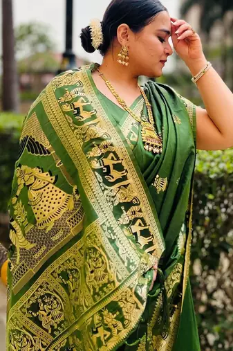 green ethnic motif zari woven banarasi saree