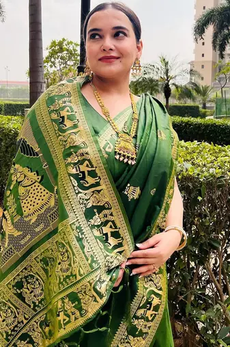 green ethnic motif zari woven banarasi saree