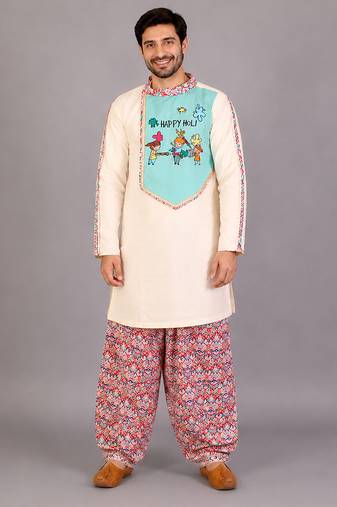 Off white sky blue embroidered cotton Men Kurta Set