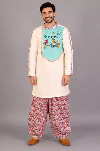 Off white sky blue embroidered cotton Men Kurta Set