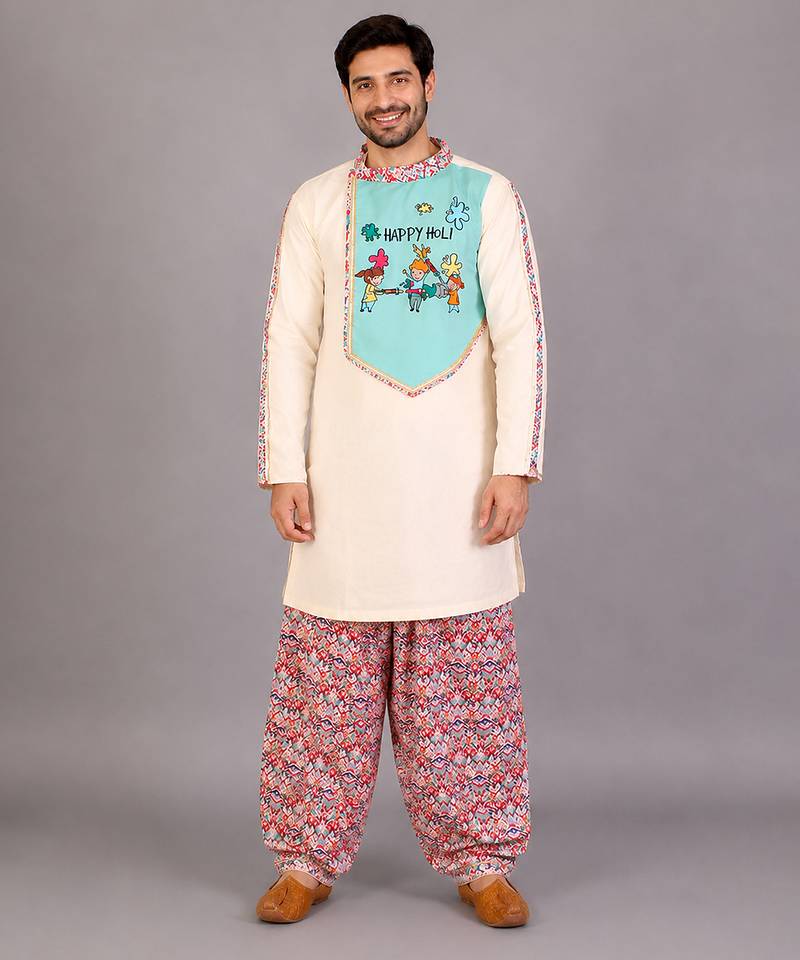 Off white sky blue embroidered cotton Men Kurta Set