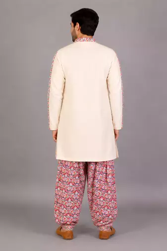 Off white sky blue embroidered cotton Men Kurta Set