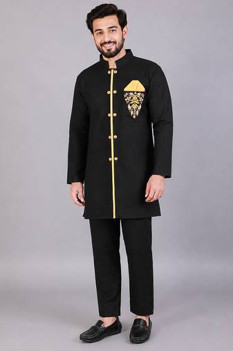 Black embroidered cotton silk Men Bandhgala and Pant