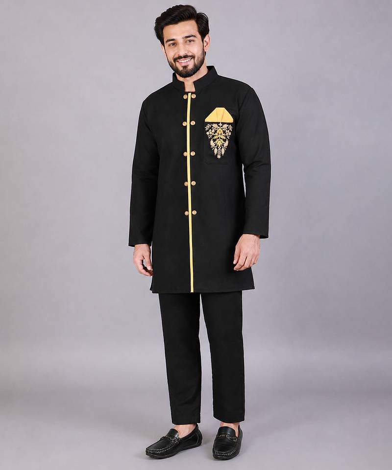 Black embroidered cotton silk Men Bandhgala and Pant