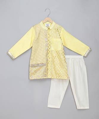 Lemon yellow embroidered cotton silk kurta set 1