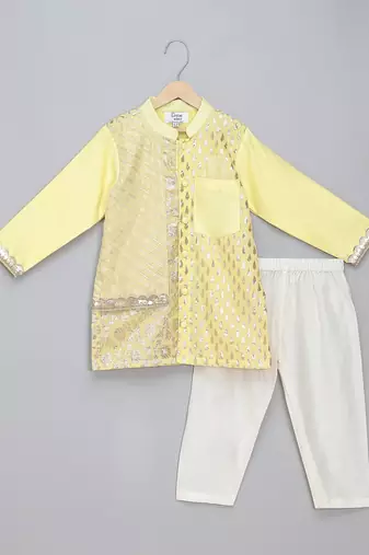 Lemon yellow embroidered cotton silk kurta set