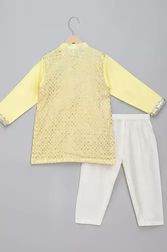 Lemon yellow embroidered cotton silk kurta set