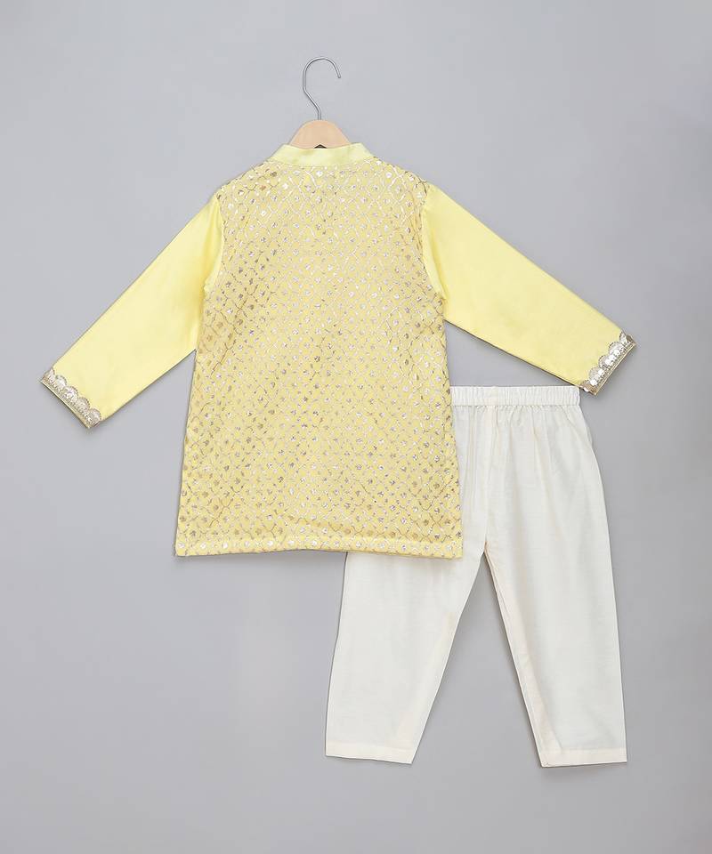 Lemon yellow embroidered cotton silk kurta set