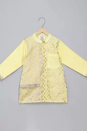 Lemon yellow embroidered cotton silk kurta set