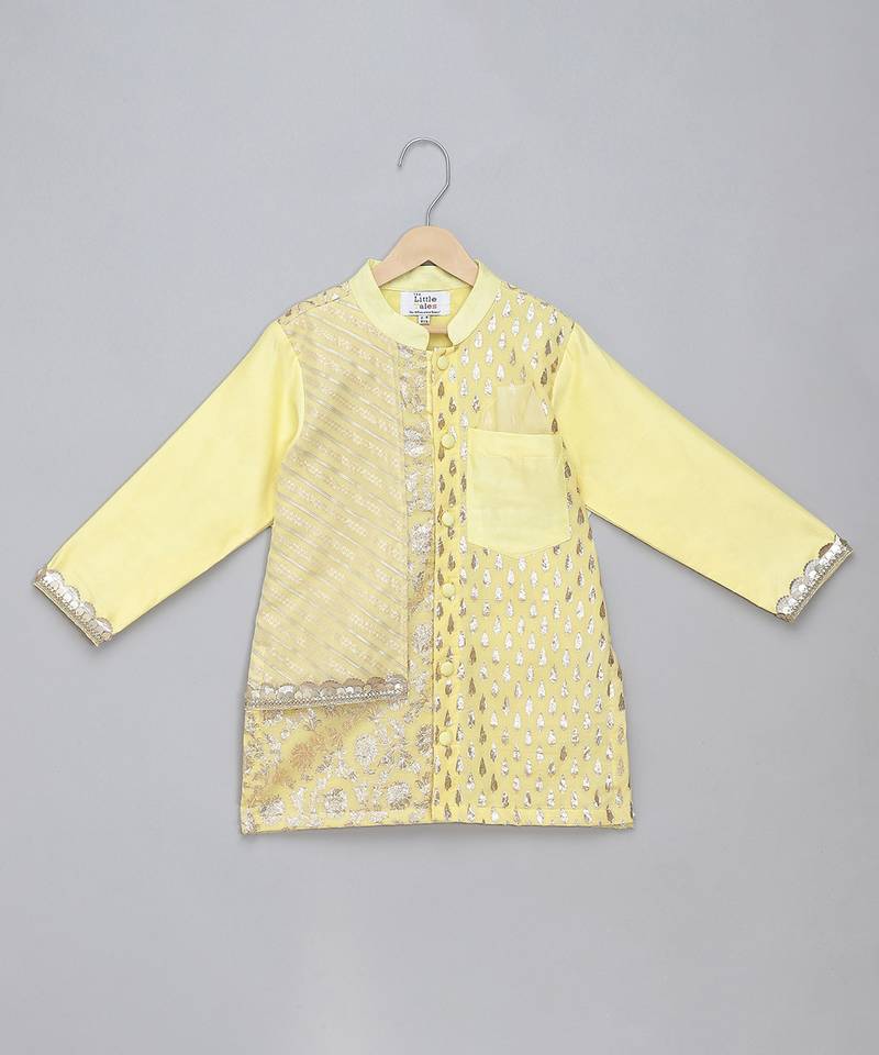 Lemon yellow embroidered cotton silk kurta set