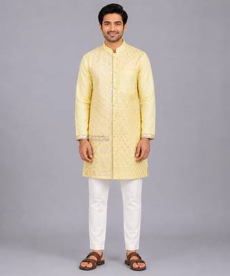 Lemon yellow embroidered cotton silk kurta set 8