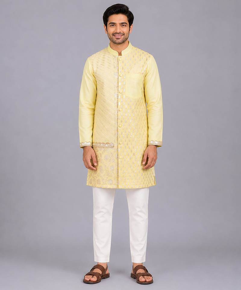 Lemon yellow embroidered cotton silk kurta set