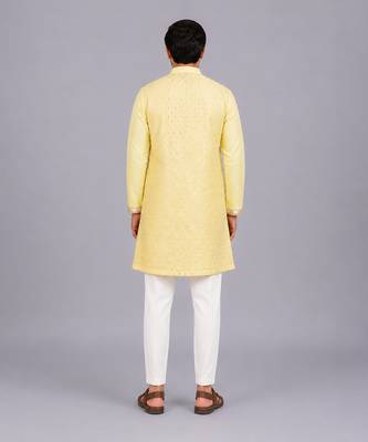 Lemon yellow embroidered cotton silk kurta set 9