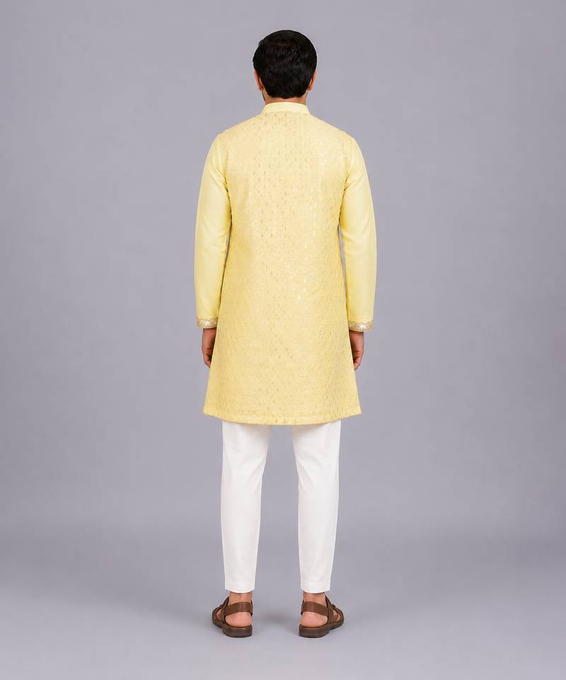 Lemon yellow embroidered cotton silk kurta set