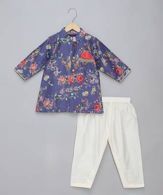 purple printed cotton silk men kurta set 1