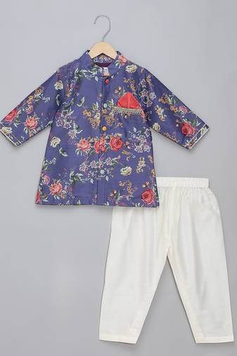 purple printed cotton silk men kurta set