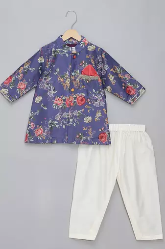 purple printed cotton silk men kurta set