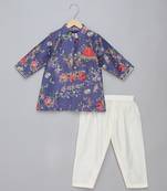 purple printed cotton silk men kurta set
