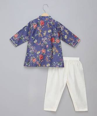 purple printed cotton silk men kurta set 2
