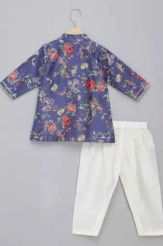 purple printed cotton silk men kurta set