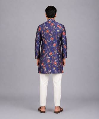 purple printed cotton silk men kurta set 8
