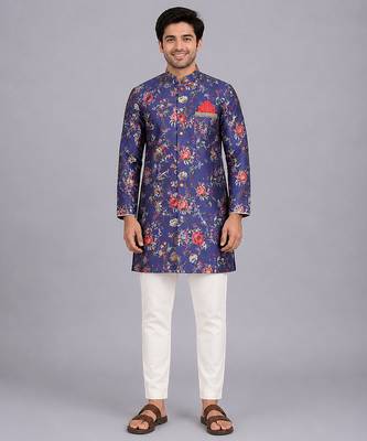 purple printed cotton silk men kurta set 9