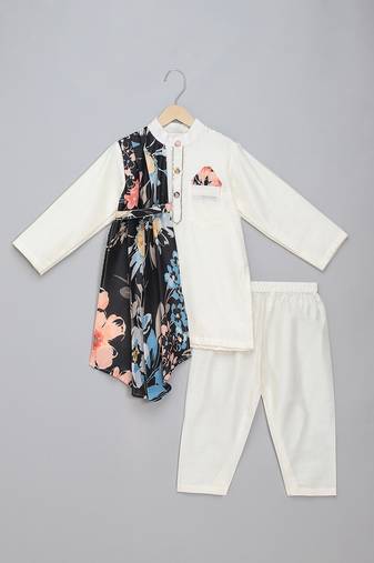 Off white printed cotton silk drape dupatta Men Kurta Set