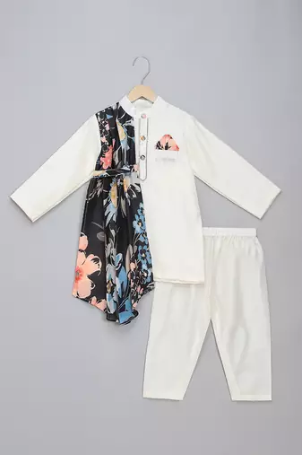 Off white printed cotton silk drape dupatta Men Kurta Set