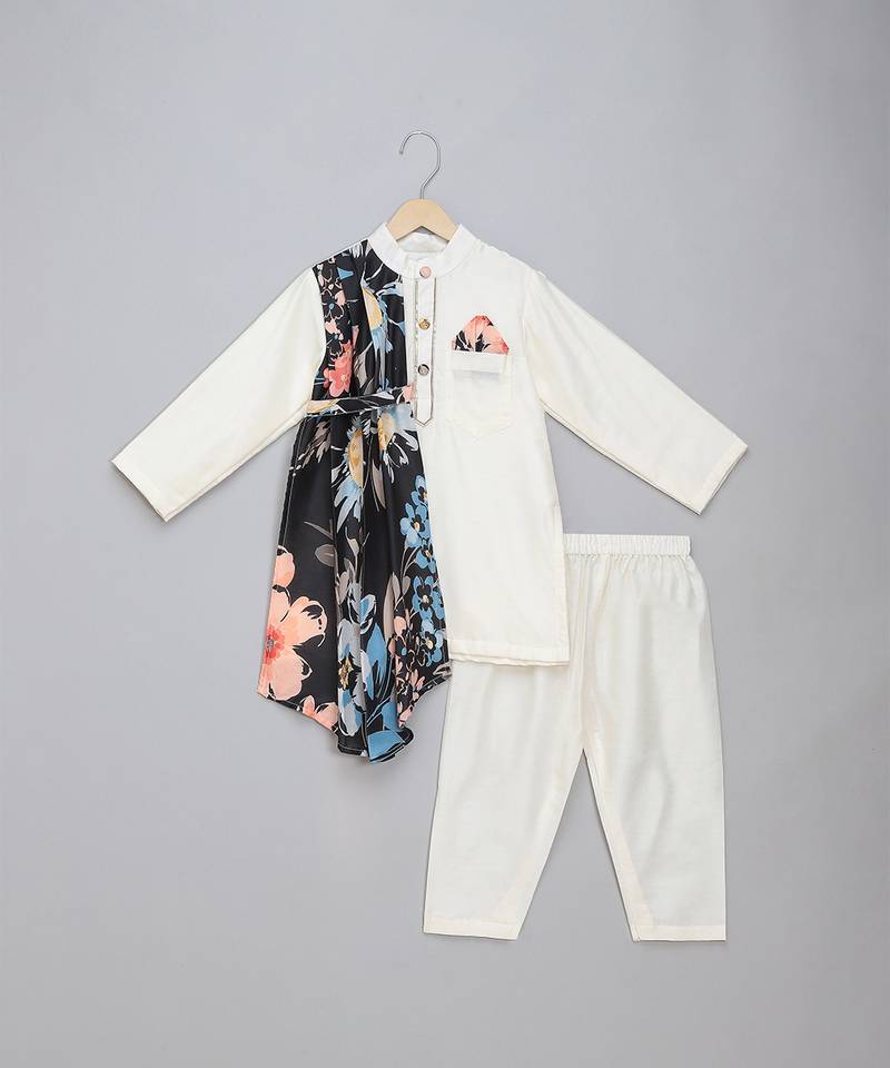 Off white printed cotton silk drape dupatta Men Kurta Set