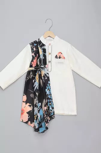 Off white printed cotton silk drape dupatta Men Kurta Set