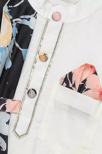 Off white printed cotton silk drape dupatta Men Kurta Set