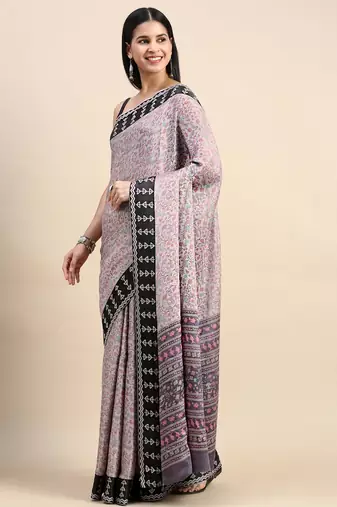 grey floral printed pashmina saree