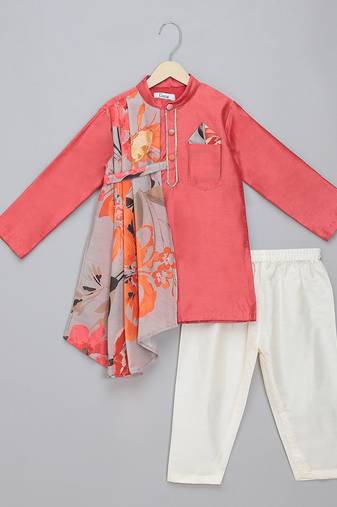 Coral pink printed cotton silk drape dupatta Men Kurta Set