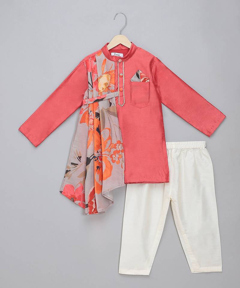 Coral pink printed cotton silk drape dupatta Men Kurta Set