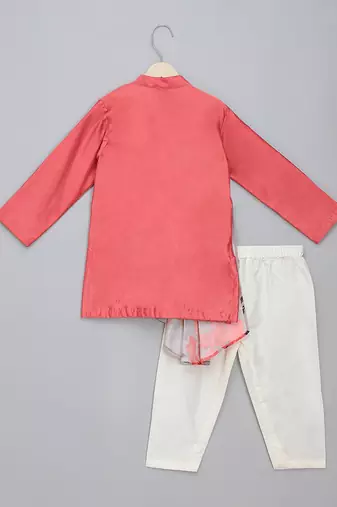 Coral pink printed cotton silk drape dupatta Men Kurta Set