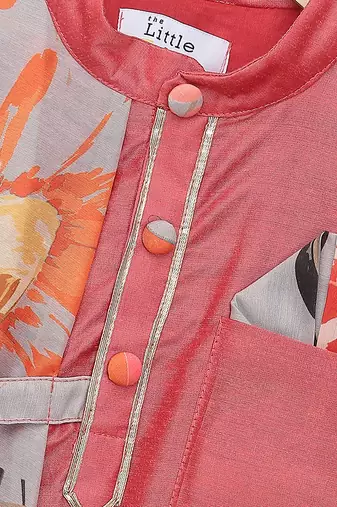 Coral pink printed cotton silk drape dupatta Men Kurta Set